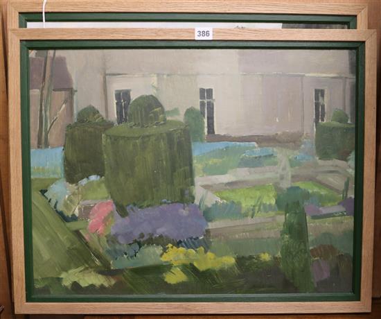 Oil on board, Garden with town on reverse, and an oil on canvas, Study of a house, 50 x 60cm